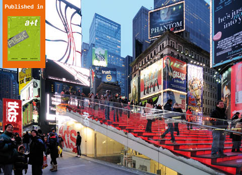 Choi Ropiha, Perkins Eastman, PKSB Architects. TKTS booth & Father Duffy square. New York